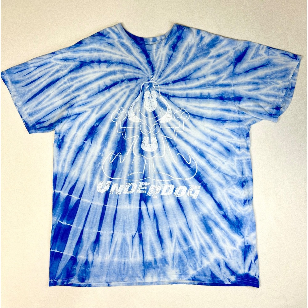 Underdog Cartoon Graphic T-Shirt Mens Blue White Tie Dye Retro Superhero Tee